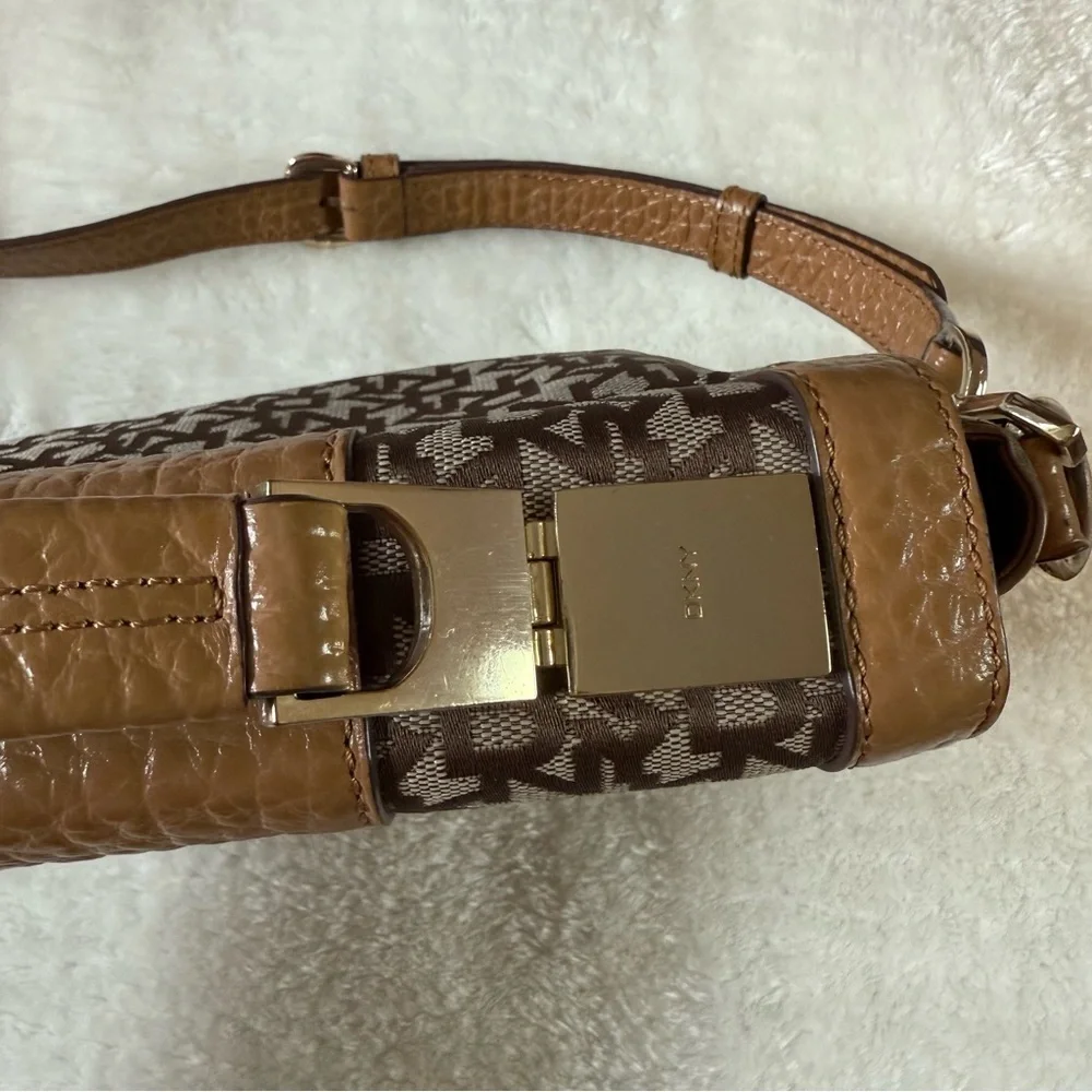 DKNY Tan Genuine Leather and Fabric Crossbody Handbag